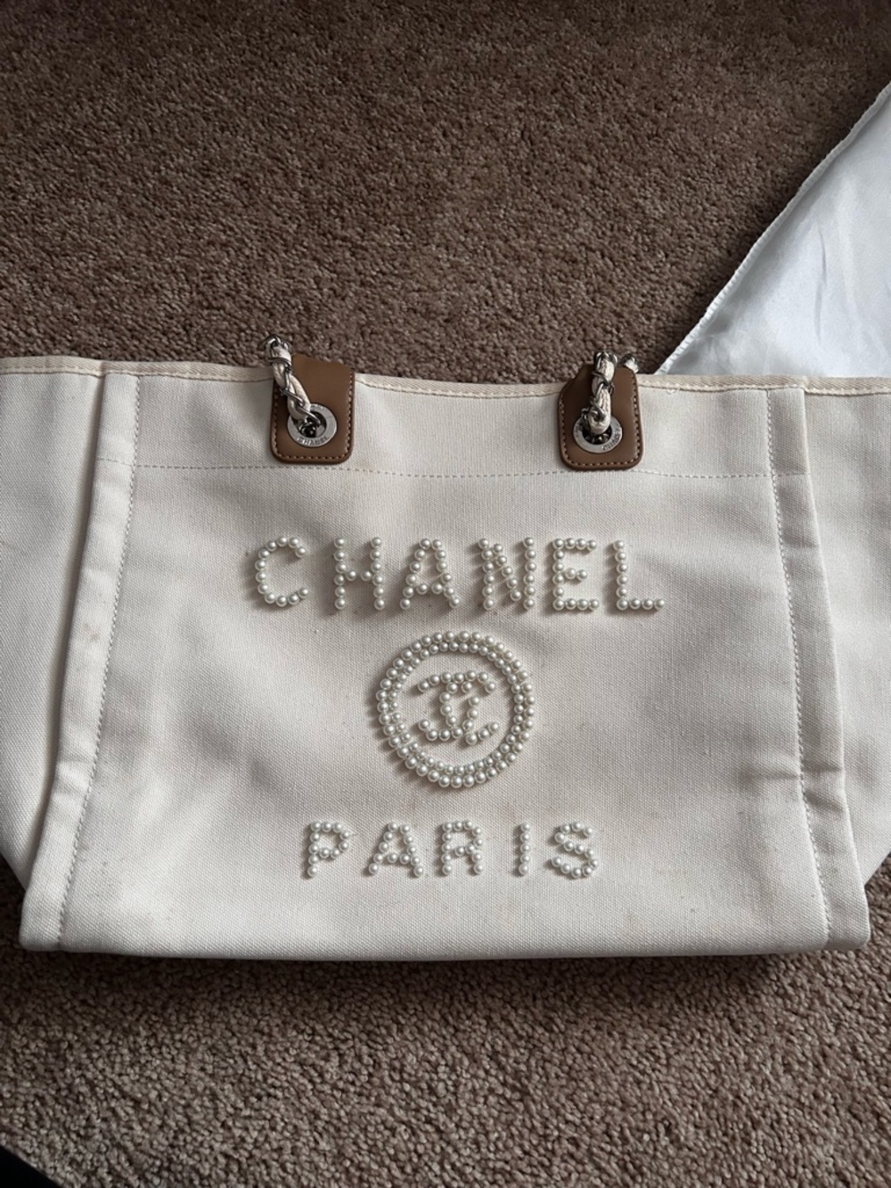 Ivory Pearl-Embellished Canvas Tote